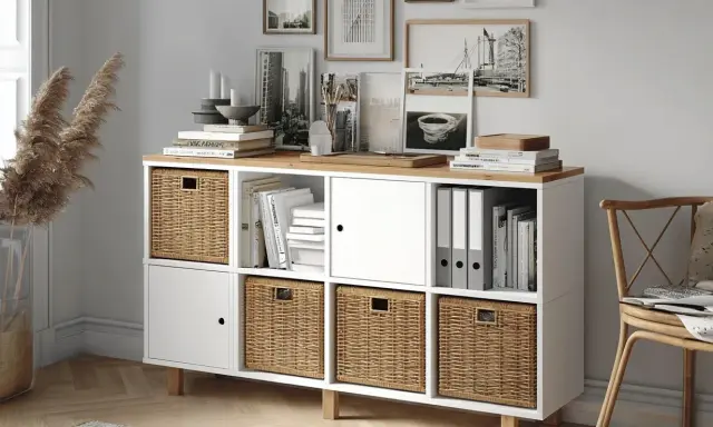 Kallax Ideen Arbeitszimmer: Ein weißes Regal mit Holzplatte, gefüllt mit Körben, Büchern und Ordnern. Perfekt für ein aufgeräumtes Büro.