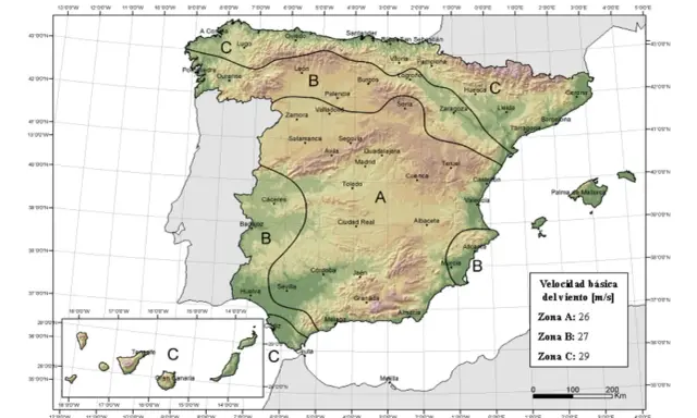 Mapa de España con zonas A, B y C que indican la carga de viento. Zona A: 26 m/s, Zona B: 27 m/s, Zona C: 29 m/s.