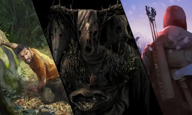 Mroczne, niepokojące grafiki z gier podobnych do The Forest: przerażające maski, zdesperowany mężczyzna w dżungli i łucznik w zimowym krajobrazie.