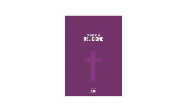 Copertina di religione per le scuole medie, con una croce viola su sfondo viola e il logo NB! Publishing.