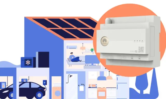 En illustration av ett smart hem med solpaneler, elbil och en Huawei växelriktare som styr energin.