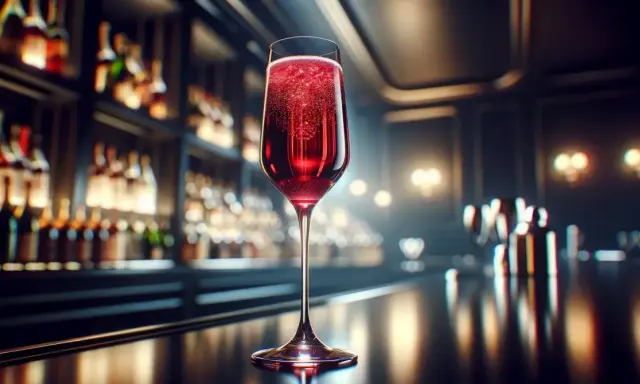 Elegancki kielich z musującym Kir Royale, w tle bar pełen butelek.
