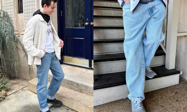 A man models a stylish denim outfit, featuring light-wash jeans and a textured jacket.