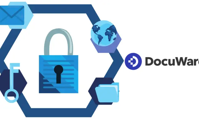 Un coffre fort numérique obligatoire pour sécuriser vos données. Icônes de clé, cadenas, globe, enveloppe et dossier. Logo DocuWare.
