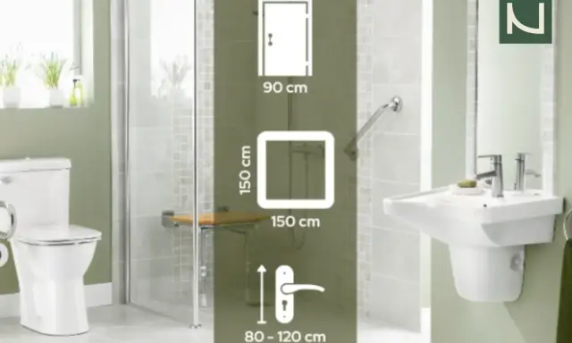 Wymiary łazienki dla niepełnosprawnych: drzwi 90 cm, przestrzeń manewrowa 150x150 cm, uchwyt 80-120 cm.