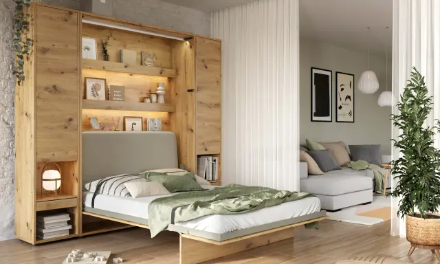 Idée pour comment aménager une chambre en longueur : un lit escamotable intégré dans une bibliothèque en bois, optimisant l'espace.
