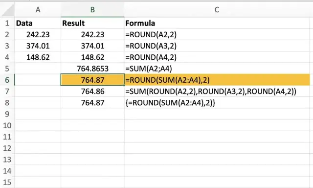 Arkusz kalkulacyjny z danymi i formułami, w tym `math floor js` w postaci `ROUND(SUM(A2:A4),2)`.