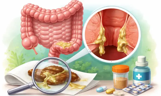 Ingrandimento del colon e dell'ano con secrezioni giallastre. Le feci mostrano muco, suggerendo possibili problemi digestivi. Farmaci in primo piano.