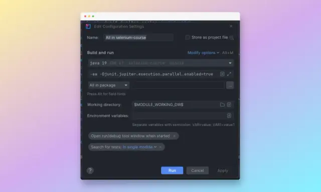 Ustawienia konfiguracji dla kursu Sellenium. Nazwa: "All in selenium-course". Uruchomienie testów.