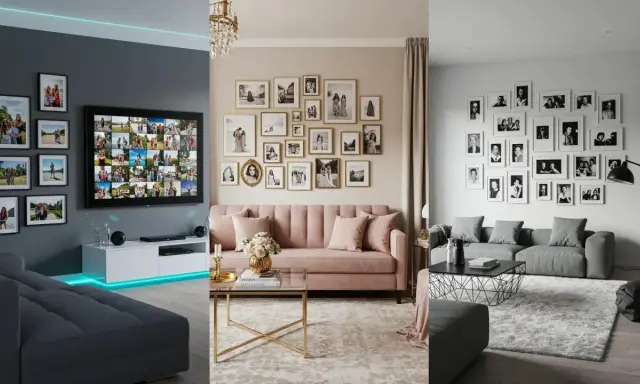 Tres salones modernos decorados con muchas fotos familiares en casa, creando un ambiente cálido y personal.