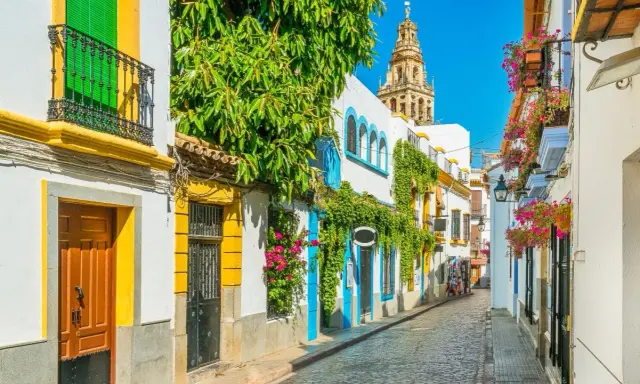 Calle empedrada con casas blancas adornadas con flores y enredaderas. Al fondo, la torre de la Mezquita-Catedral, un imprescindible que ver en Andalucía.