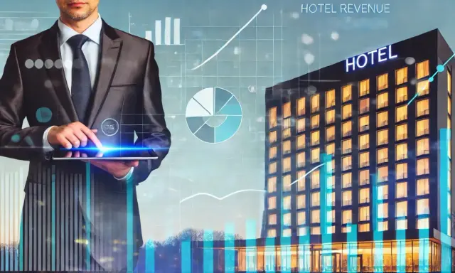 Biznesmen analizuje dane hotelowe na tablecie, widoczne wykresy i budynek hotelu. Skuteczne monitorowanie cen kluczem do sukcesu.