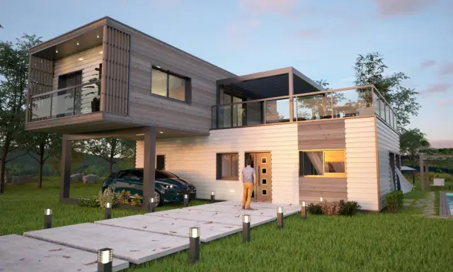 Une maison conteneur moderne avec une voiture garée sous un abri, un chemin éclairé et une piscine.