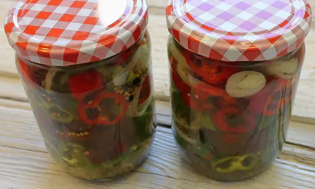 Zwei Gläser mit eingelegten Chilis und Zwiebeln, bereit zum Genießen.