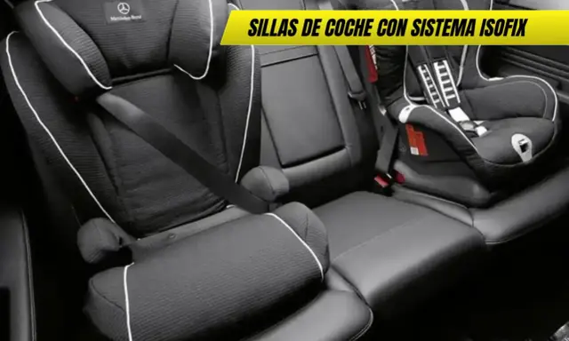 Dos sillas de coche para niños, una más grande y otra tipo portabebé, instaladas en asientos de cuero negro con sistema **isofix coche**.