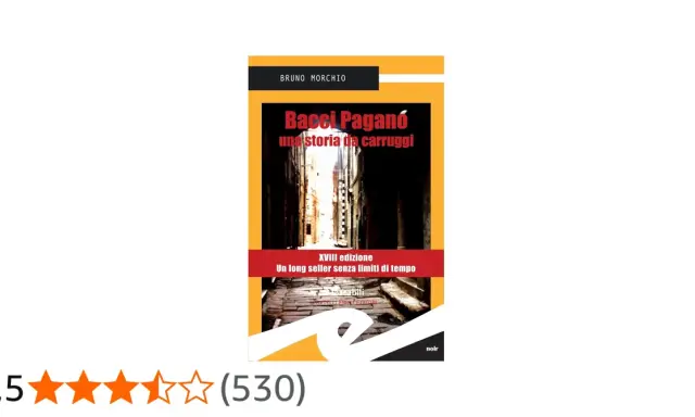Copertina di "Bacci Pagano" di Bruno Morchio, un long seller che racconta una storia da carruggi, con valutazione 3,5 stelle.