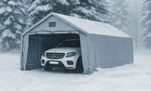 Biały Mercedes w namiocie garażowym chroni się przed śnieżycą. Idealne miejsce na konserwację auta zimą.