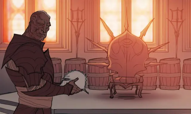 Mroczny wojownik z bliznami na twarzy trzyma hełm. Scena z gry Dragon Age Inkwizycja spolszczenie.