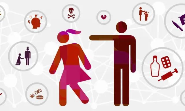 Ilustracja przedstawia parę, wokół której krążą symbole przemocy, uzależnień i braku empatii, sugerując psychopatię.