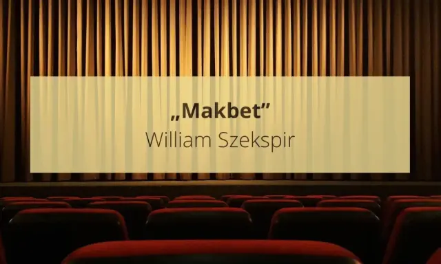 Widok na puste czerwone fotele w teatrze z zasłoną i napisem "Makbet" Williama Szekspira.