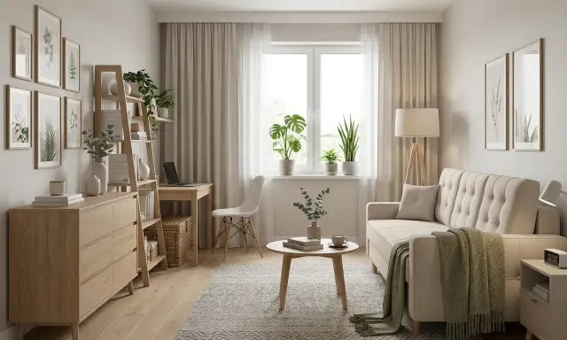 Jasny, przytulny pokój gościnny inspiracje: sofa, stolik kawowy, komoda, regał, biurko, rośliny i obrazy z motywami roślinnymi.