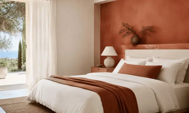 Chambre lumineuse avec mur couleur terracotta, lit blanc, jeté assorti et vue sur la mer.