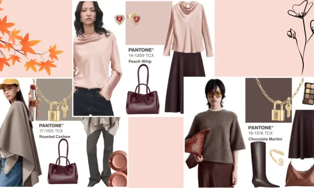 A mood board showcasing a soft autumn color palette with models, clothing, accessories, and Pantone color swatches like Peach Whip and Chocolate Martini.