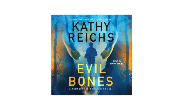Copertina di "Evil Bones", l'ultimo libro di Kathy Reichs, con un teschio stilizzato e una figura in silhouette.