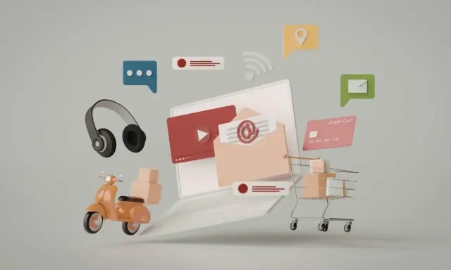 Laptop z ikonami: słuchawki, skuter z paczkami, koszyk sklepowy, karta kredytowa, koperta z @, lokalizacja, Wi-Fi, czat. To co to reklama.