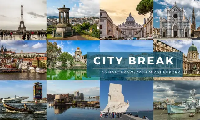 Kolaż zdjęć prezentujący najpiękniejsze miasta Europy: Wieża Eiffla, Watykan, Florencja, Praga, Lizbona i inne.