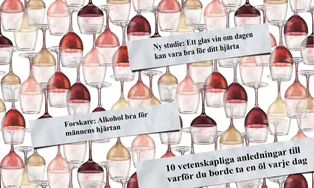 Vattenfärgsillustration av vinglas i olika färger. Texten "Forskare: Alkohol bra för männens hjärtan" och "Ny studie: Ett glas vin om dagen kan vara bra för ditt hjärta" antyder att alkohol kan ha hälsofördelar, men det är viktigt att komma ihåg att do...