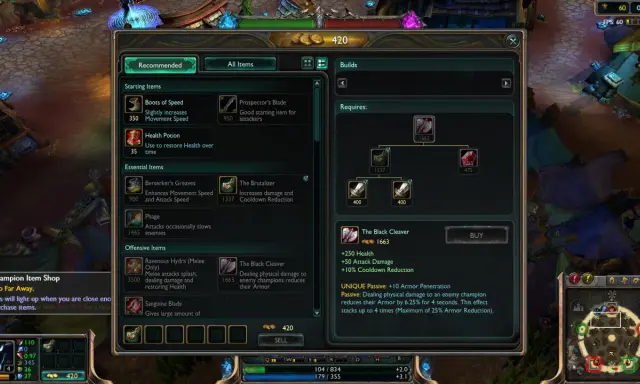 W grze League of Legends, gracz rozważa zakup przedmiotu "The Black Cleaver", który daje +250 zdrowia, +50 obrażeń ataku i redukcję czasu odnowienia.