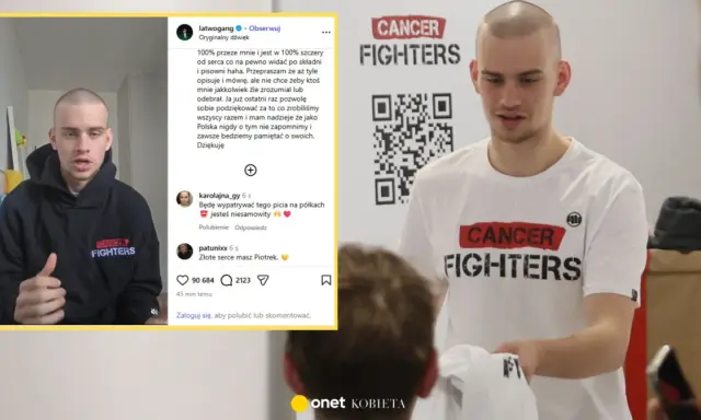 Młody mężczyzna w czarnej bluzie z napisem "Cancer Fighters" i białej koszulce z tym samym hasłem. To jego orginał, szczery przekaz.