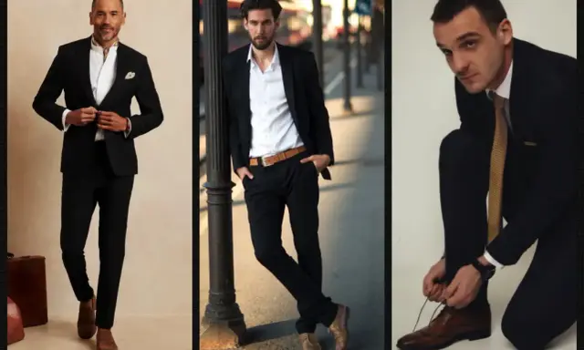 Three men showcase stylish black suit combinations. One wears a suit with a scarf, another with a belt, and the third ties his shoes.