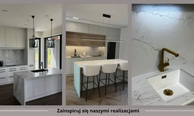 Nowoczesne kuchnie z blatami z konglomeratu o marmurowych wzorach. Eleganckie wyspy, designerskie lampy i złota armatura.