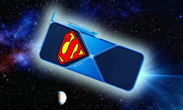 Carte graphique RTX 5080 Super, ornée du symbole de Superman, naviguant dans l'immensité de l'espace étoilé.