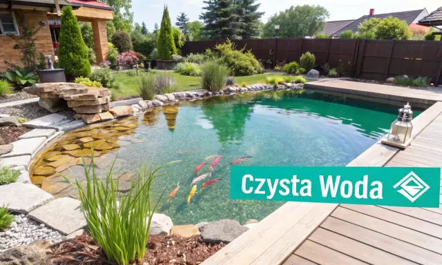 Piękne oczko wodne z rybkami i roślinnością, zapewniające czystą wodę dzięki napowietrzaniu.