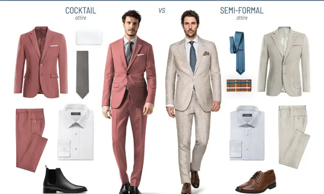 A man models a coral suit for cocktail attire, contrasted with a linen suit for semi-formal wear.