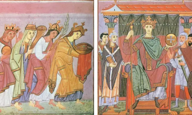 König sitzt auf Thron, umgeben von Beratern. Links: Frauen tragen Geschenke. Dies illustriert, was bedeutet Grundherrschaft: Macht und Herrschaft über Land und Leute.