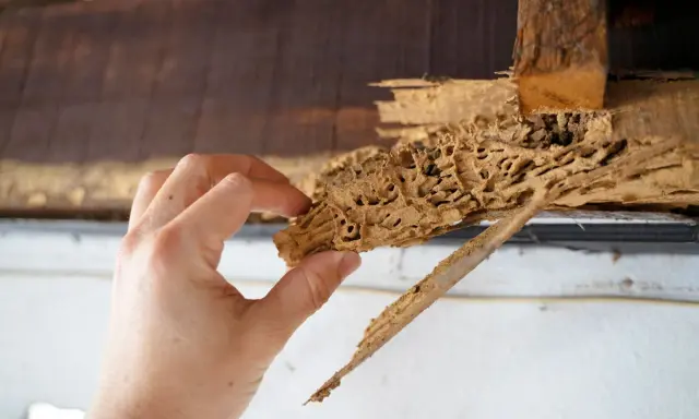 Main d'une personne tenant un morceau de bois rongé par les termites, révélant un petit trou dans le bois.