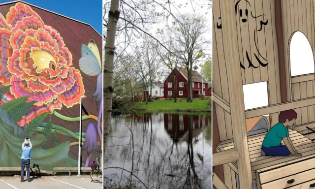 Konst, natur och lek – en mix av aktiviteter i Alingsås. En person fotar en blomstermålning, röda hus speglas i vatten, och ett barn leker i en träborg.