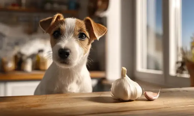 Un adorable chien regarde une tête d'ail sur une table en bois.