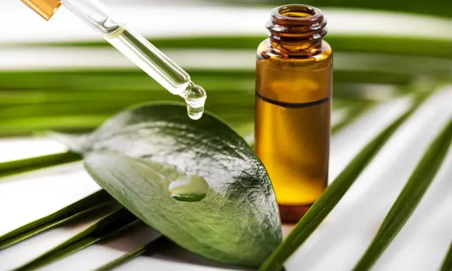 Goutte d'huile de tea tree acné tombant d'une pipette sur une feuille verte, à côté d'un flacon ambré.
