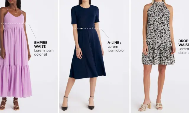 Three women model dresses showcasing different dress waistline types: empire, A-line, and drop waist.