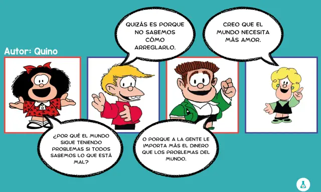 Mafalda viñetas: Mafalda se pregunta por qué el mundo tiene problemas si sabemos qué está mal. Sus amigos debaten si es por no saber arreglarlo, por falta de amor o por priorizar el dinero.