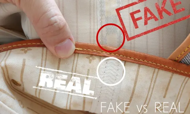 Zbliżenie na wnętrze torby Louis Vuitton Neverfull, porównujące szwy oryginału i podróbki.