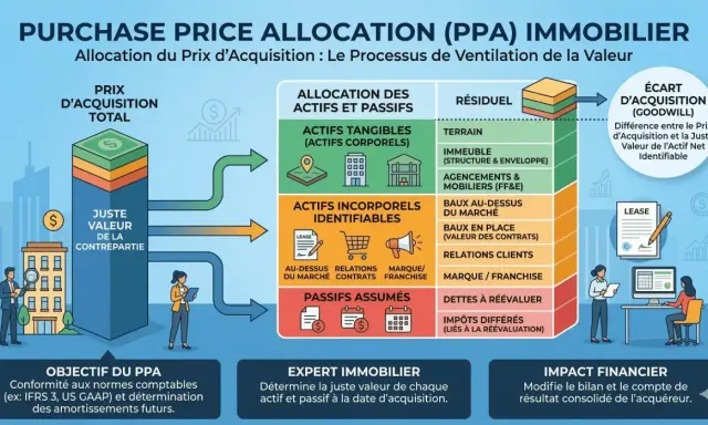 Schéma illustrant l'allocation du prix d'acquisition (PPA) dans l'immobilier, détaillant actifs tangibles, incorporels, passifs, et le concept de franchise opposable.