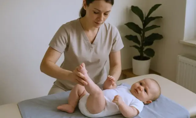 Fizjoterapeuta niemowlęcy delikatnie masuje nóżki dziecka leżącego na macie.