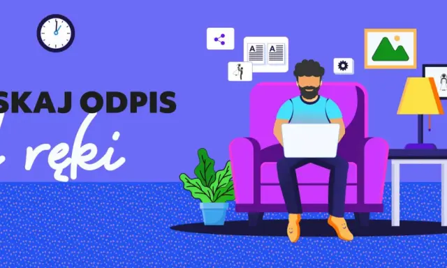 Uzuyskaj odpis aktu małżeństwa online. Mężczyzna siedzi w fotelu z laptopem, a obok wisi obrazek pary młodej.