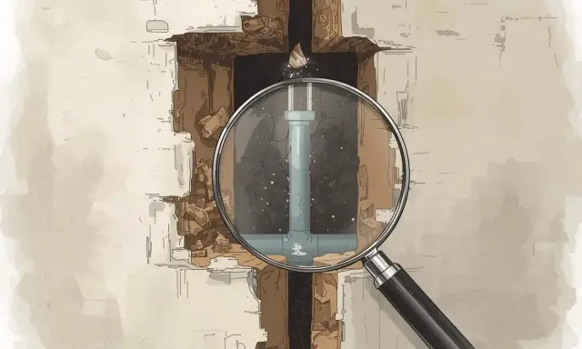 Une loupe examine un tuyau d'eau fissuré dans un mur délabré. L'inspection révèle le problème à proprement parler.